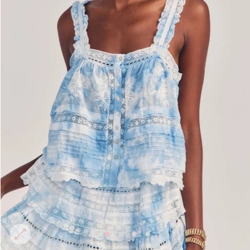 LoveShackFancy Sully & Ruffle Mini Skirt Amalfi Blue, Top L & Skirt XL *top NWOT
